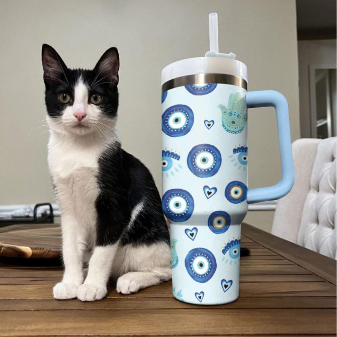 Evil Eye And Hamsa Custom Stanley Quencher 40Oz Stainless Steel Tumbler With Handle - Image 3