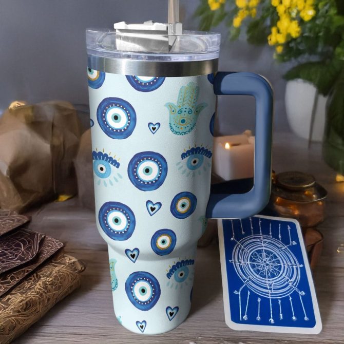 Evil Eye And Hamsa Custom Stanley Quencher 40Oz Stainless Steel Tumbler With Handle - Image 2