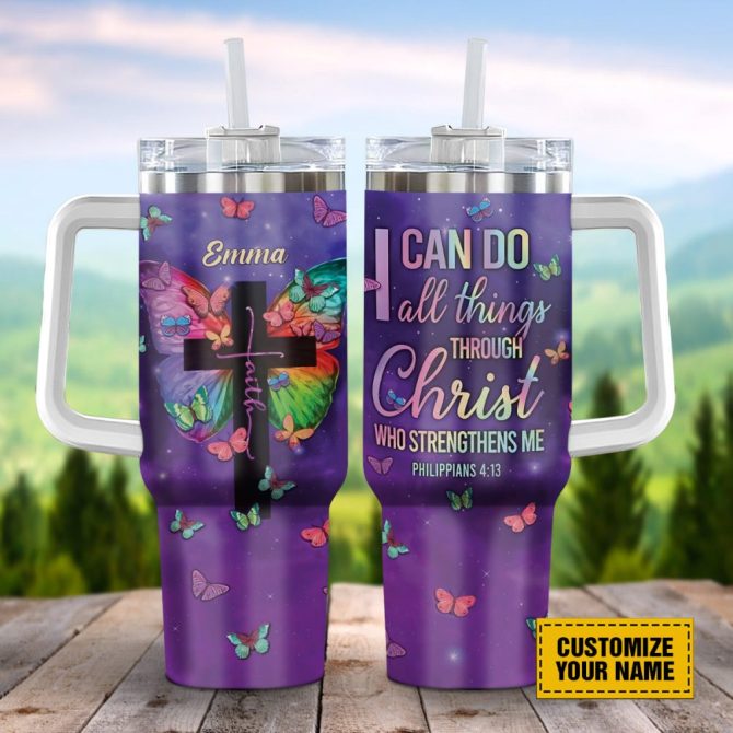 Faith Cross Butterfly Custom Stanley Quencher 40Oz Stainless Steel Tumbler With Handle - Image 5