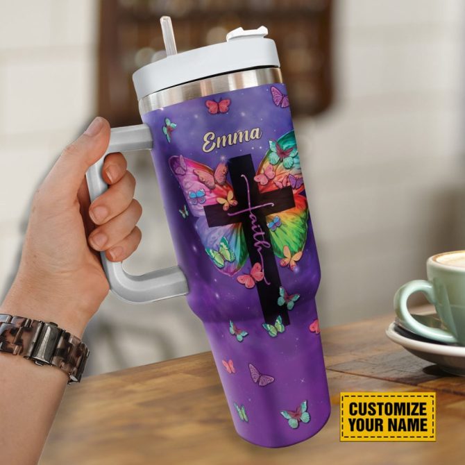 Faith Cross Butterfly Custom Stanley Quencher 40Oz Stainless Steel Tumbler With Handle - Image 3