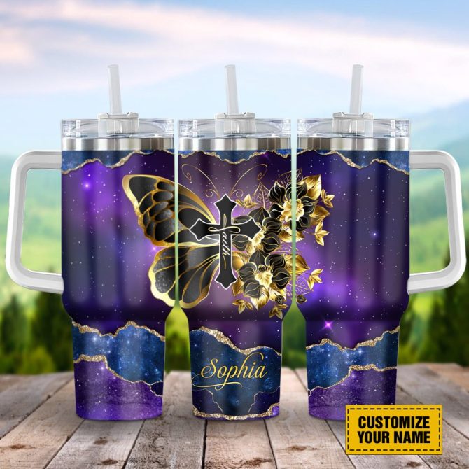 Faith Cross Butterfly Custom Stanley Quencher 40Oz Stainless Steel Tumbler With Handle - Image 2