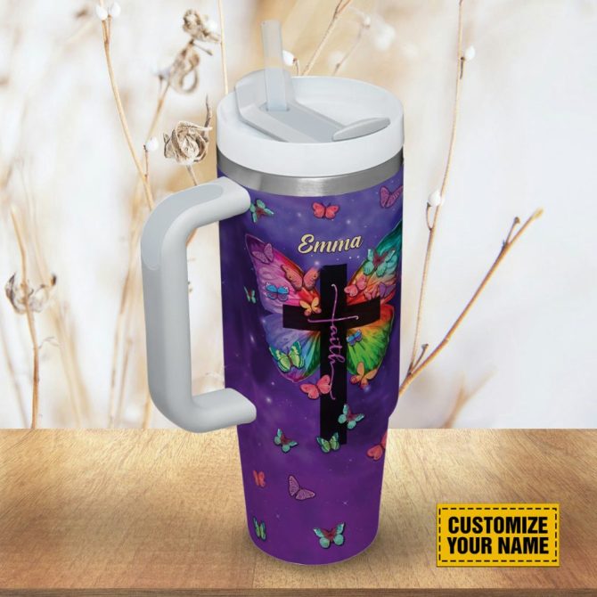 Faith Cross Butterfly Custom Stanley Quencher 40Oz Stainless Steel Tumbler With Handle - Image 4