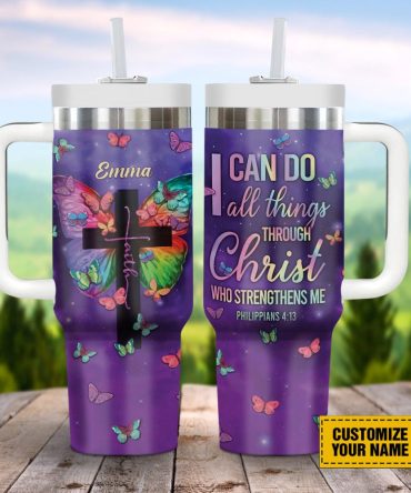 Faith Cross Butterfly Custom Stanley Quencher 40Oz Stainless Steel Tumbler With Handle