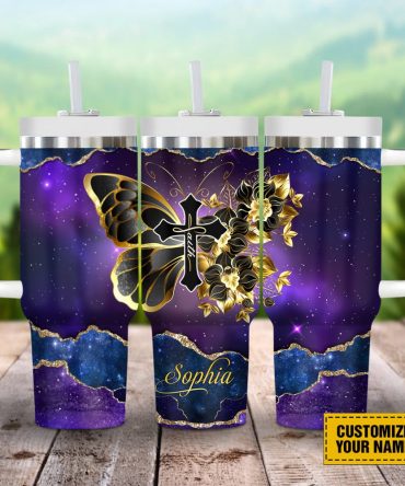 Faith Cross Butterfly Custom Stanley Quencher 40Oz Stainless Steel Tumbler With Handle