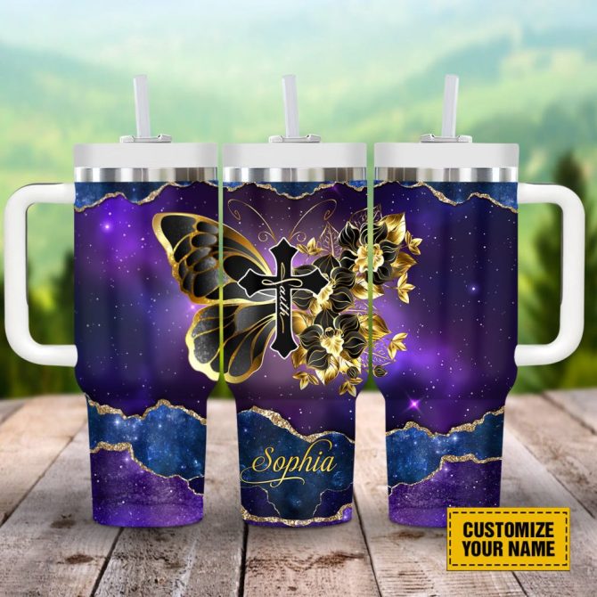 Faith Cross Butterfly Custom Stanley Quencher 40Oz Stainless Steel Tumbler With Handle