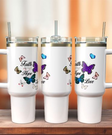 Faith Hope Butterfly Custom Stanley Quencher 40Oz Stainless Steel Tumbler With Handle
