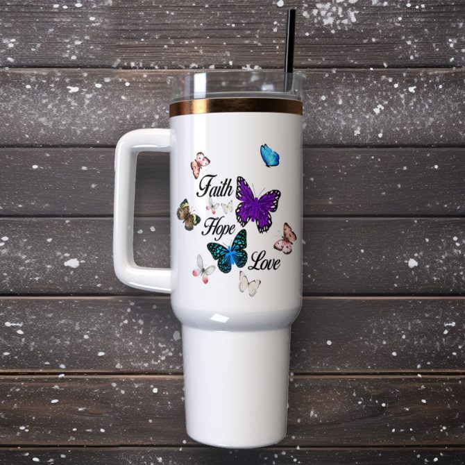 Faith Hope Butterfly Custom Stanley Quencher 40Oz Stainless Steel Tumbler With Handle - Image 2