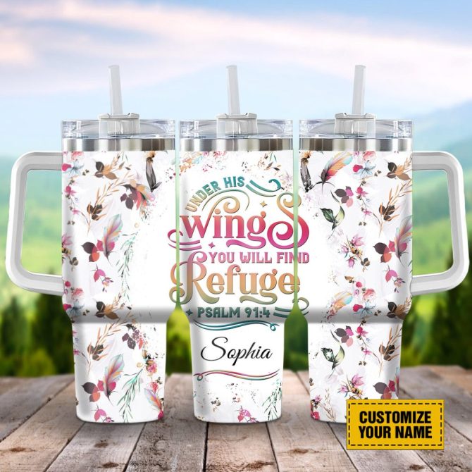 Feather Pattern Faith Custom Stanley Quencher 40Oz Stainless Steel Tumbler With Handle - Image 2