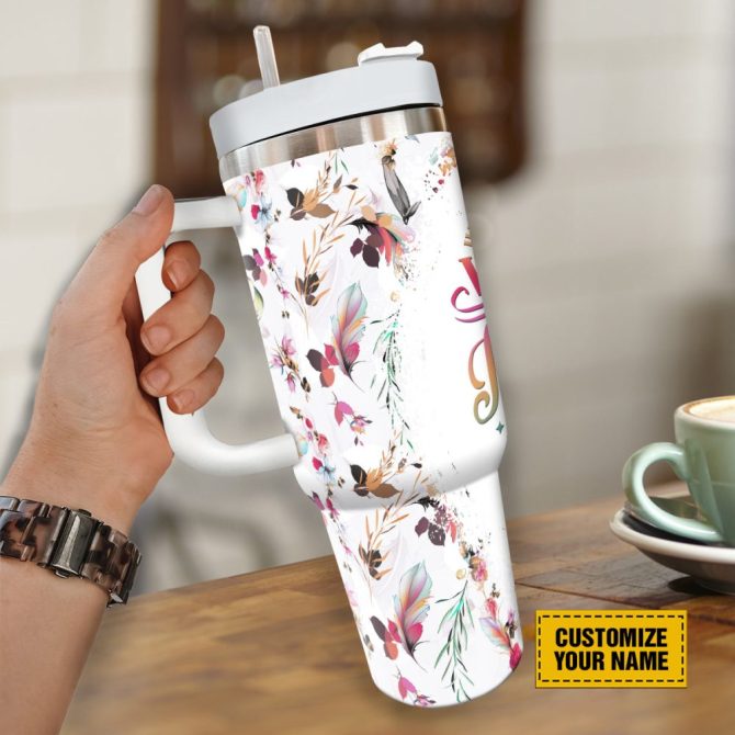 Feather Pattern Faith Custom Stanley Quencher 40Oz Stainless Steel Tumbler With Handle - Image 4