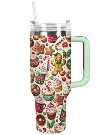 Festive Christmas Gingerbread Custom Stanley Quencher 40Oz Stainless Steel Tumbler With Handle