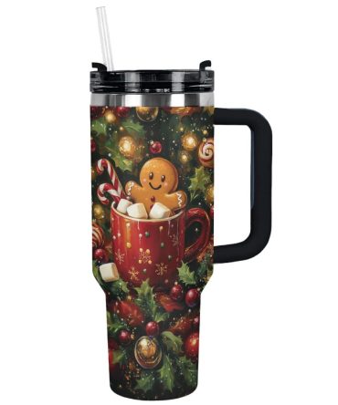 Festive Gingerbread Christmas Custom Stanley Quencher 40Oz Stainless Steel Tumbler With Handle