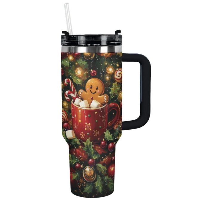 Festive Gingerbread Christmas Custom Stanley Quencher 40Oz Stainless Steel Tumbler With Handle