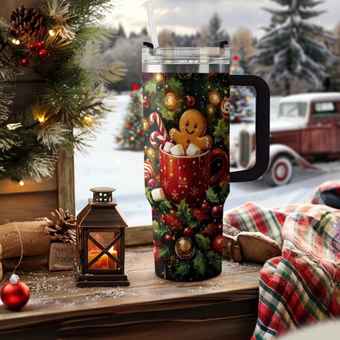 Festive Gingerbread Christmas Custom Stanley Quencher 40Oz Stainless Steel Tumbler With Handle - Image 2
