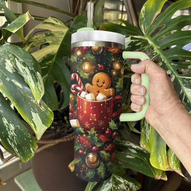 Festive Gingerbread Christmas Custom Stanley Quencher 40Oz Stainless Steel Tumbler With Handle - Image 4