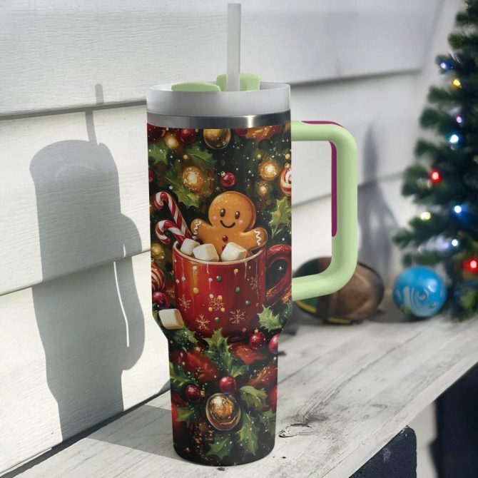 Festive Gingerbread Christmas Custom Stanley Quencher 40Oz Stainless Steel Tumbler With Handle - Image 3