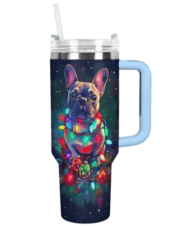 Festive Lights For Frenchie Bulldog Custom Stanley Quencher 40Oz Stainless Steel Tumbler With Handle