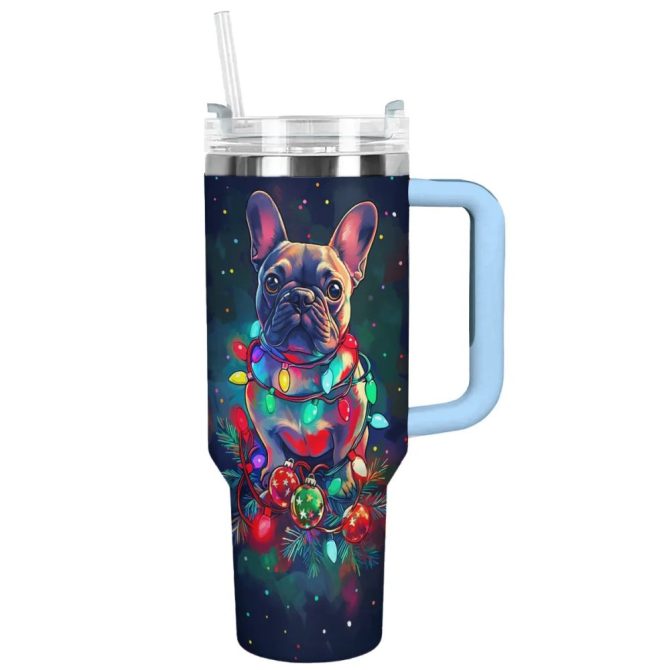 Festive Lights For Frenchie Bulldog Custom Stanley Quencher 40Oz Stainless Steel Tumbler With Handle