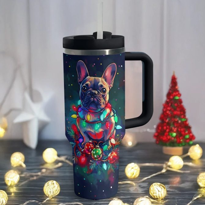 Festive Lights For Frenchie Bulldog Custom Stanley Quencher 40Oz Stainless Steel Tumbler With Handle - Image 2