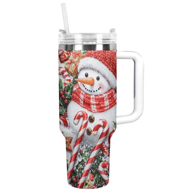 Festive Snowman Christmas Custom Stanley Quencher 40Oz Stainless Steel Tumbler With Handle