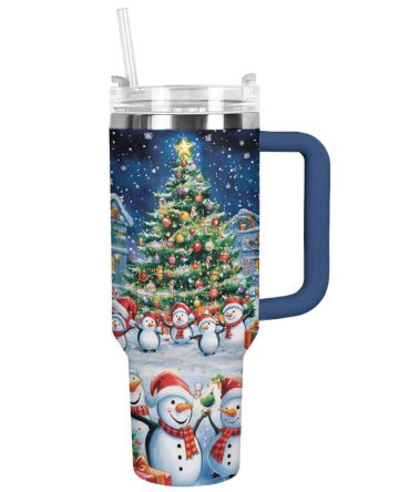 Festive Snowman Christmas Custom Stanley Quencher 40Oz Stainless Steel Tumbler With Handle