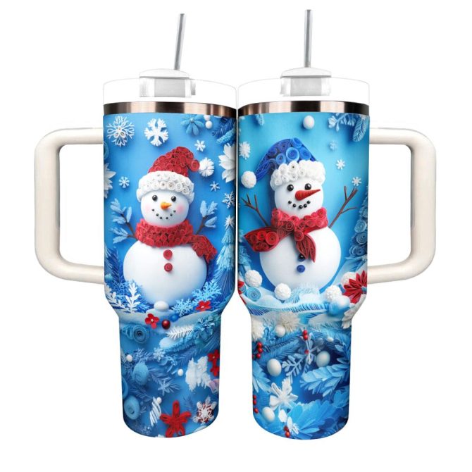 Festive Snowman Christmas Custom Stanley Quencher 40Oz Stainless Steel Tumbler With Handle