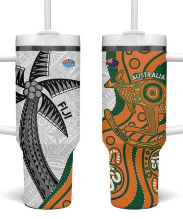 Fiji And Australia Rugby Fijian Palm Tree Mix Aussie Kangaroo Custom Stanley Quencher 40Oz Stainless Steel Tumbler With Handle