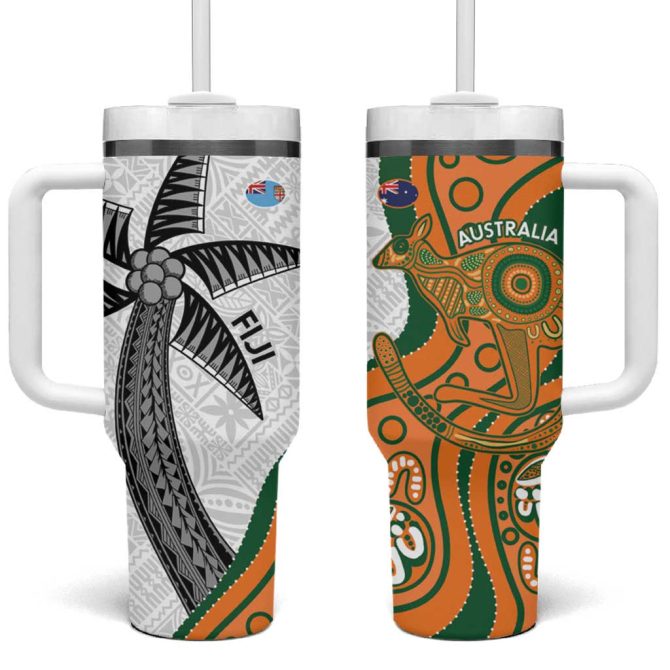 Fiji And Australia Rugby Fijian Palm Tree Mix Aussie Kangaroo Custom Stanley Quencher 40Oz Stainless Steel Tumbler With Handle