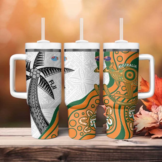 Fiji And Australia Rugby Fijian Palm Tree Mix Aussie Kangaroo Custom Stanley Quencher 40Oz Stainless Steel Tumbler With Handle - Image 4