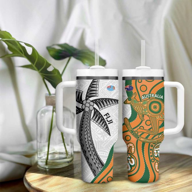 Fiji And Australia Rugby Fijian Palm Tree Mix Aussie Kangaroo Custom Stanley Quencher 40Oz Stainless Steel Tumbler With Handle - Image 9