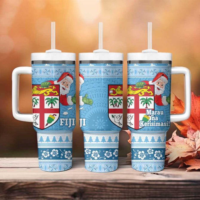 Fiji Christmas Fijian Masi Marau Na Kerisimasi! Blue Custom Stanley Quencher 40Oz Stainless Steel Tumbler With Handle - Image 4