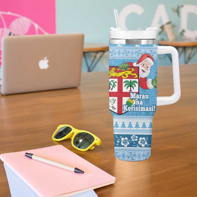 Fiji Christmas Fijian Masi Marau Na Kerisimasi! Blue Custom Stanley Quencher 40Oz Stainless Steel Tumbler With Handle - Image 5