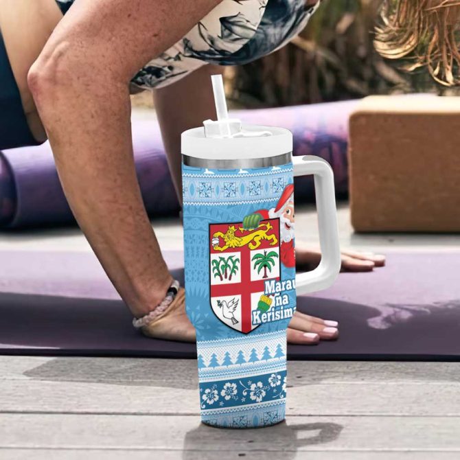 Fiji Christmas Fijian Masi Marau Na Kerisimasi! Blue Custom Stanley Quencher 40Oz Stainless Steel Tumbler With Handle - Image 6