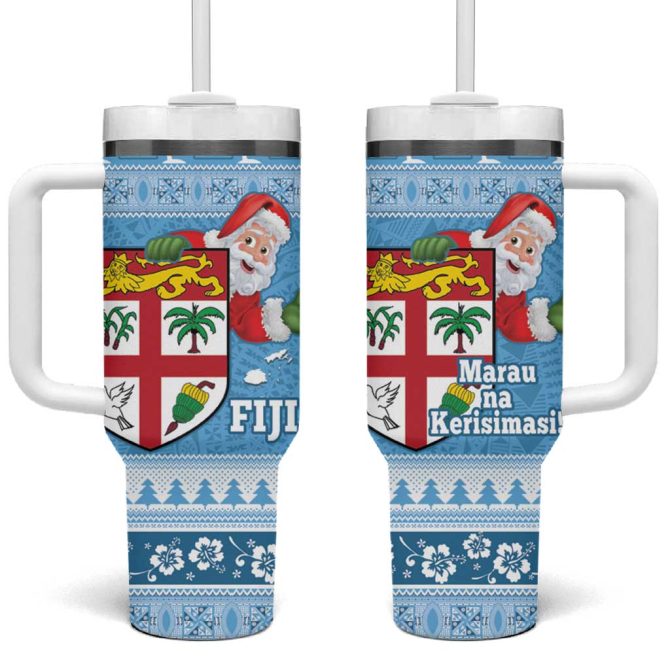 Fiji Christmas Fijian Masi Marau Na Kerisimasi! Blue Custom Stanley Quencher 40Oz Stainless Steel Tumbler With Handle