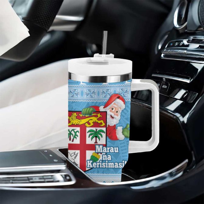 Fiji Christmas Fijian Masi Marau Na Kerisimasi! Blue Custom Stanley Quencher 40Oz Stainless Steel Tumbler With Handle - Image 8