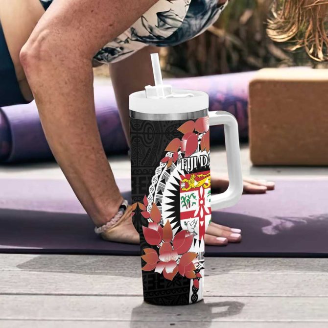 Fiji Day Fijian Tapa Mix Tagimoucia Black Custom Stanley Quencher 40Oz Stainless Steel Tumbler With Handle - Image 6
