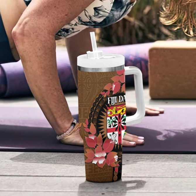 Fiji Day Fijian Tapa Mix Tagimoucia Brown Custom Stanley Quencher 40Oz Stainless Steel Tumbler With Handle - Image 6