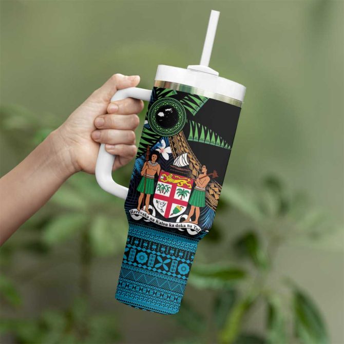 Fiji Day Palm Tree With Plumeria Tapa Tribal Custom Stanley Quencher 40Oz Stainless Steel Tumbler With Handle - Image 3