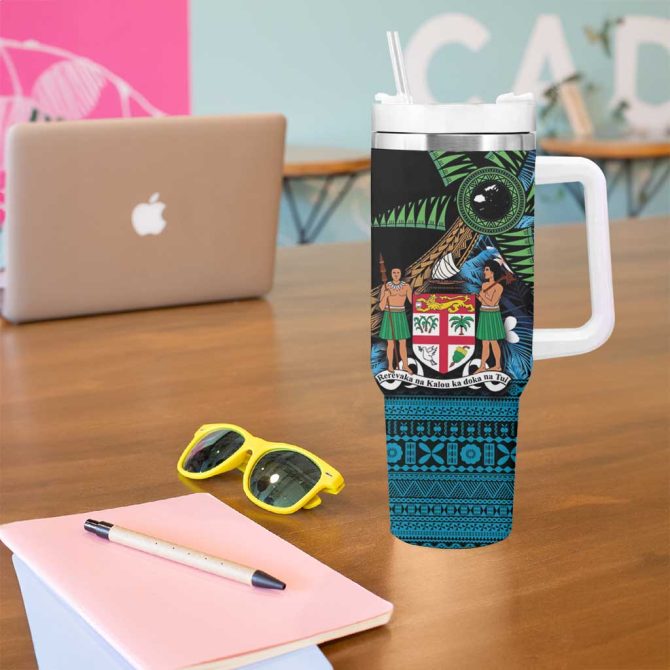 Fiji Day Palm Tree With Plumeria Tapa Tribal Custom Stanley Quencher 40Oz Stainless Steel Tumbler With Handle - Image 5