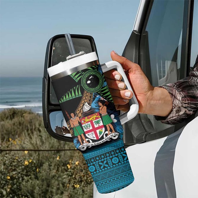 Fiji Day Palm Tree With Plumeria Tapa Tribal Custom Stanley Quencher 40Oz Stainless Steel Tumbler With Handle - Image 7