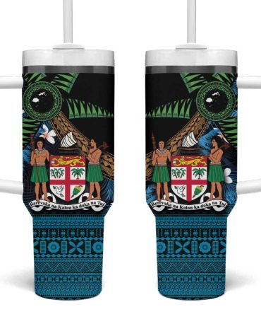 Fiji Day Palm Tree With Plumeria Tapa Tribal Custom Stanley Quencher 40Oz Stainless Steel Tumbler With Handle