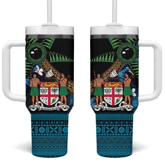 Fiji Day Palm Tree With Plumeria Tapa Tribal Custom Stanley Quencher 40Oz Stainless Steel Tumbler With Handle