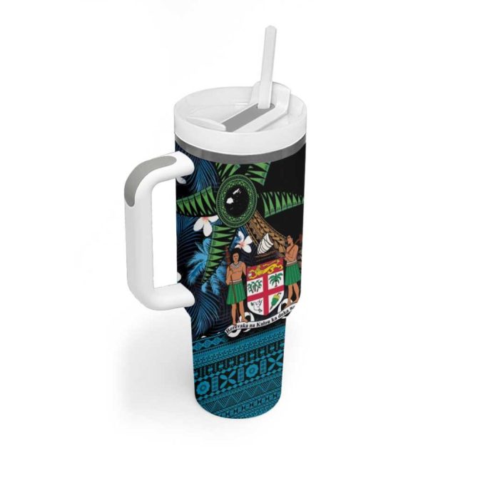 Fiji Day Palm Tree With Plumeria Tapa Tribal Custom Stanley Quencher 40Oz Stainless Steel Tumbler With Handle - Image 2