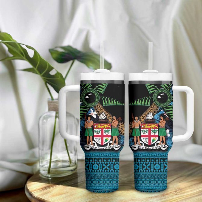 Fiji Day Palm Tree With Plumeria Tapa Tribal Custom Stanley Quencher 40Oz Stainless Steel Tumbler With Handle - Image 9