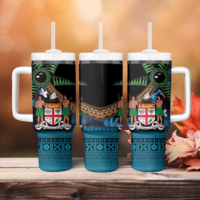 Fiji Day Palm Tree With Plumeria Tapa Tribal Custom Stanley Quencher 40Oz Stainless Steel Tumbler With Handle - Image 4