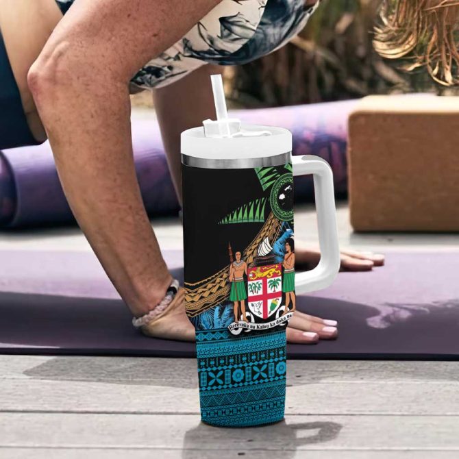 Fiji Day Palm Tree With Plumeria Tapa Tribal Custom Stanley Quencher 40Oz Stainless Steel Tumbler With Handle - Image 6
