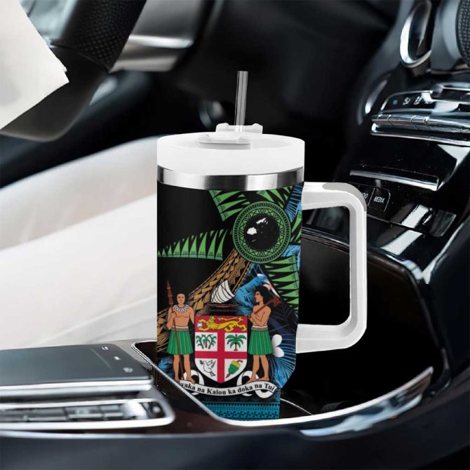 Fiji Day Palm Tree With Plumeria Tapa Tribal Custom Stanley Quencher 40Oz Stainless Steel Tumbler With Handle - Image 8