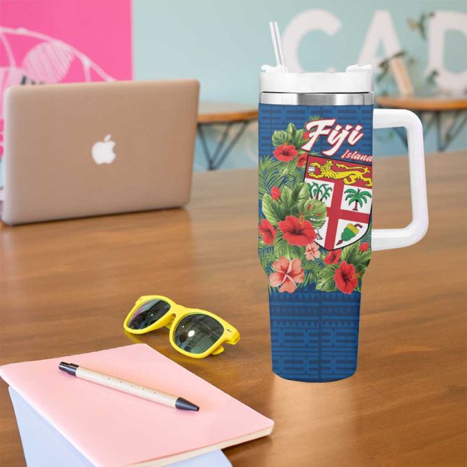 Fiji Island Tropical Flowers And Tapa Custom Stanley Quencher 40Oz Stainless Steel Tumbler With Handle - Image 5
