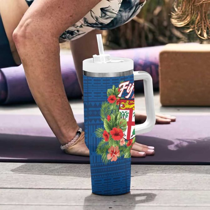 Fiji Island Tropical Flowers And Tapa Custom Stanley Quencher 40Oz Stainless Steel Tumbler With Handle - Image 6