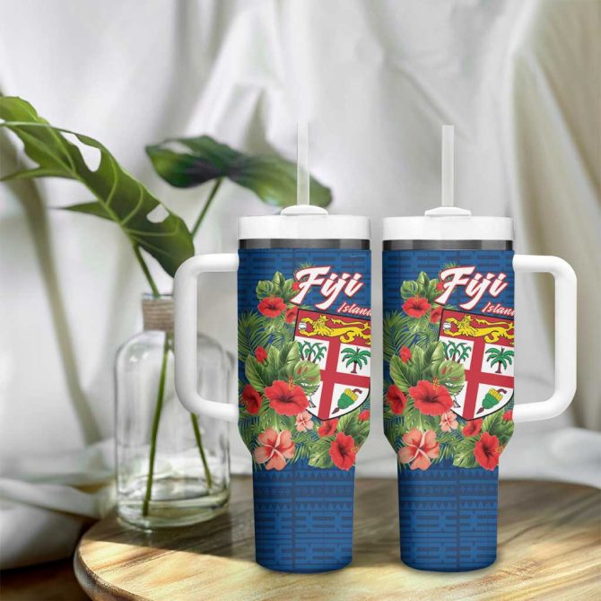 Fiji Island Tropical Flowers And Tapa Custom Stanley Quencher 40Oz Stainless Steel Tumbler With Handle - Image 9