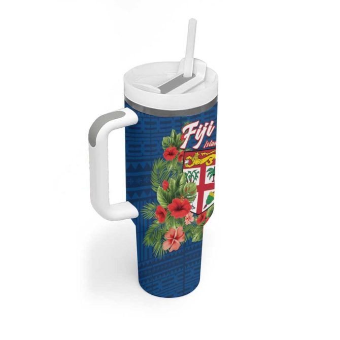 Fiji Island Tropical Flowers And Tapa Custom Stanley Quencher 40Oz Stainless Steel Tumbler With Handle - Image 2
